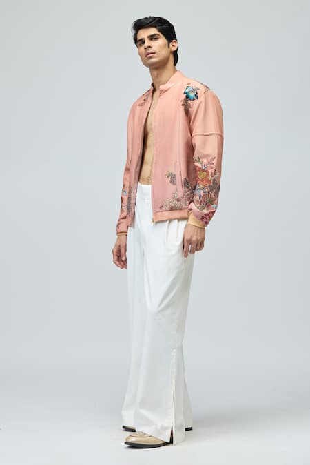 Shop_Varun Bahl_Pink Viscose, Tissue Embroidery Bomber Jacket _Online_at_Aza_Fashions