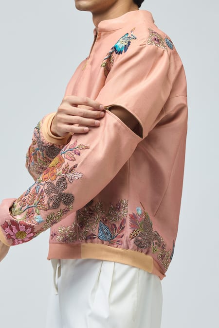 Varun Bahl_Pink Viscose, Tissue Embroidery Bomber Jacket _at_Aza_Fashions