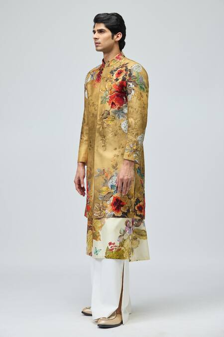Varun Bahl_Multi Color Modal, Dupion Embroidery, Zari Printed Sherwani Set _Online_at_Aza_Fashions