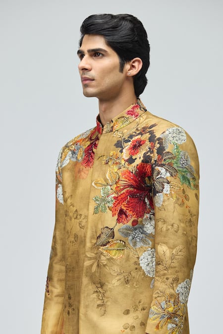 Buy_Varun Bahl_Multi Color Modal, Dupion Embroidery, Zari Printed Sherwani Set _Online_at_Aza_Fashions