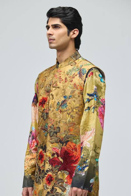 Varun Bahl_Multi Color Modal, Dupion Printed Bundi Kurta Set _Online_at_Aza_Fashions
