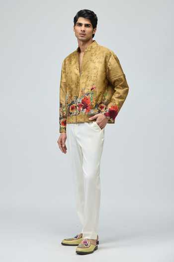 Buy_Varun Bahl_Beige Modal, Dupion Embroidery, Sequins, Beads Floral Jacket And Pant Set _Online_at_Aza_Fashions