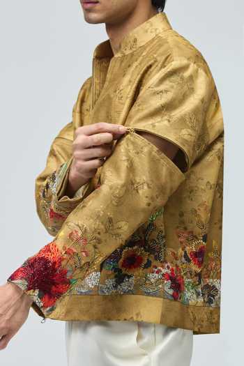 Shop_Varun Bahl_Beige Modal, Dupion Embroidery, Sequins, Beads Floral Jacket And Pant Set _Online_at_Aza_Fashions