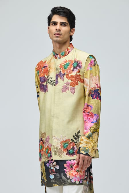 Buy_Varun Bahl_Green Modal, Dupion Embroidery Printed Bundi And Kurta Set _Online_at_Aza_Fashions