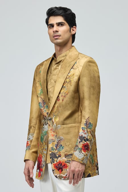 Varun Bahl Gold Modal, Dupion Embroidery, Zari Floral Tuxedo Online at Aza Fashions Varun Bahl_Gold Modal, Dupion Embroidery, Zari Floral Tuxedo _Online_at_Aza_Fashions