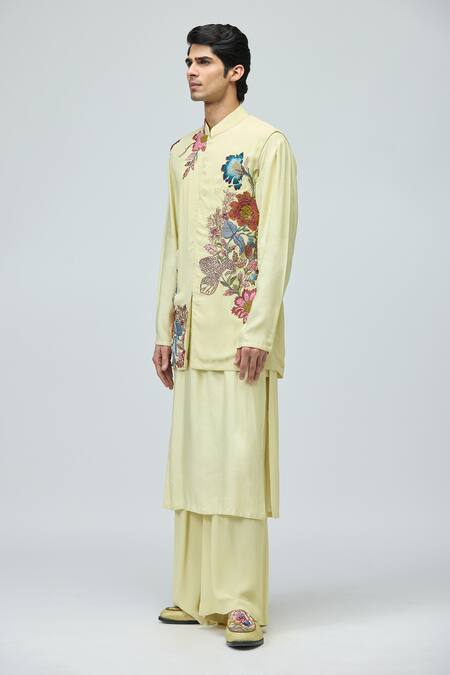 Buy_Varun Bahl_Cream Modal, Dupion Embroidery Bundi And Kurta Set _Online_at_Aza_Fashions