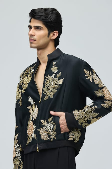 Shop_Varun Bahl_Black Modal, Dupion Embroidery, Sequins, Zari Jacket And Pant Set _Online_at_Aza_Fashions
