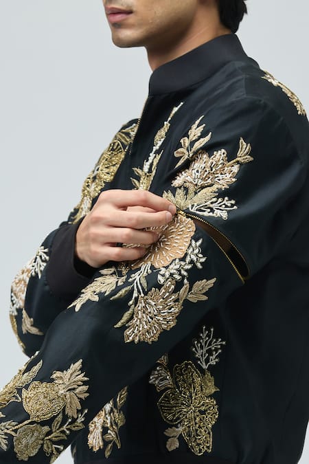 Varun Bahl_Black Modal, Dupion Embroidery, Sequins, Zari Jacket And Pant Set _at_Aza_Fashions