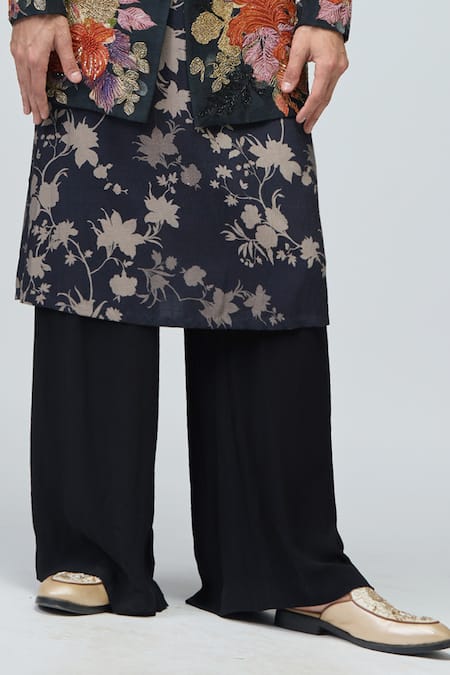 Buy_Varun Bahl_Black Modal, Dupion Embroidery, Zari Sherwani Set _Online_at_Aza_Fashions