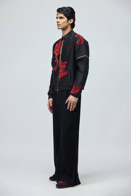 Varun Bahl_Black Chanderi Silk Embroidery, Sequins, Beads Bomber Jacket _Online_at_Aza_Fashions
