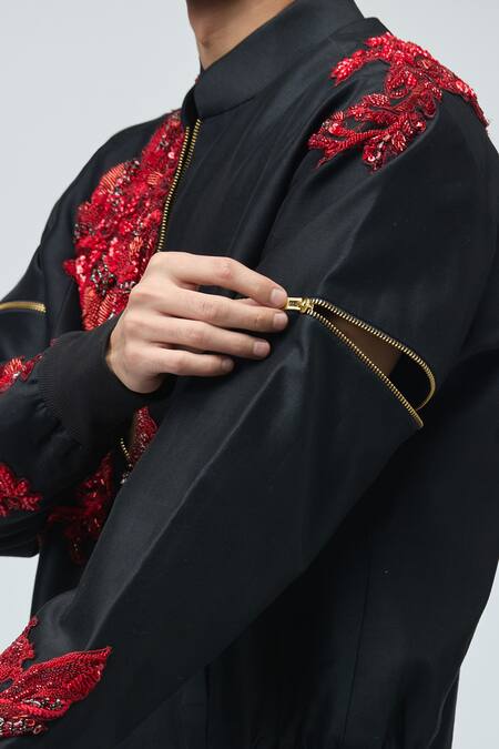 Buy_Varun Bahl_Black Chanderi Silk Embroidery, Sequins, Beads Bomber Jacket _Online_at_Aza_Fashions