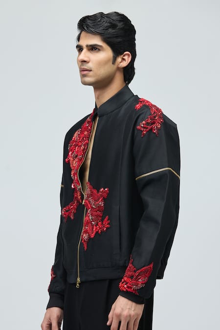 Shop_Varun Bahl_Black Chanderi Silk Embroidery, Sequins, Beads Bomber Jacket _Online_at_Aza_Fashions