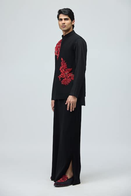 Shop_Varun Bahl_Black Suiting Sequins, Beads Embroidered Bundi And Kurta Set _Online_at_Aza_Fashions