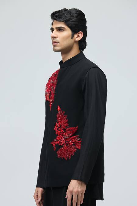 Varun Bahl_Black Suiting Sequins, Beads Embroidered Bundi And Kurta Set _at_Aza_Fashions