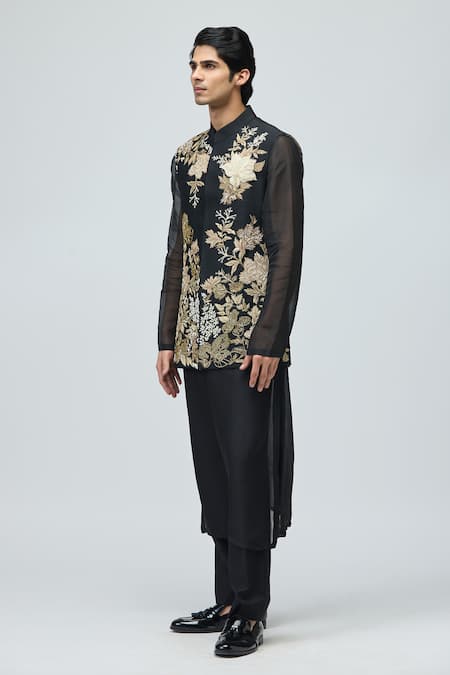 Varun Bahl_Black Chanderi Silk Zari Embroidered Nehru Jacket _Online_at_Aza_Fashions