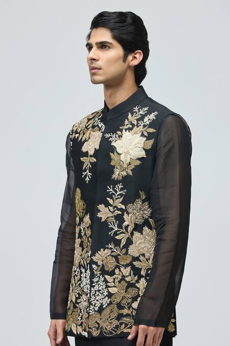 Buy_Varun Bahl_Black Chanderi Silk Zari Embroidered Nehru Jacket _Online_at_Aza_Fashions