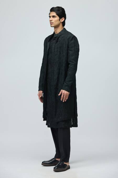 Shop Varun Bahl Black Silk Organza Kurta Set With Jacket Online at Aza Fashions Shop_Varun Bahl_Black Silk Organza Kurta Set With Jacket _Online_at_Aza_Fashions