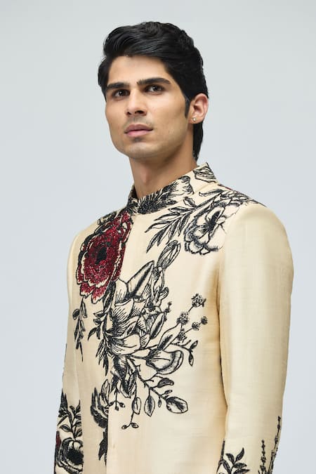 Varun Bahl_Beige Modal, Dupion Embroidery, Sequins Floral Pattern Sherwani Set _Online_at_Aza_Fashions