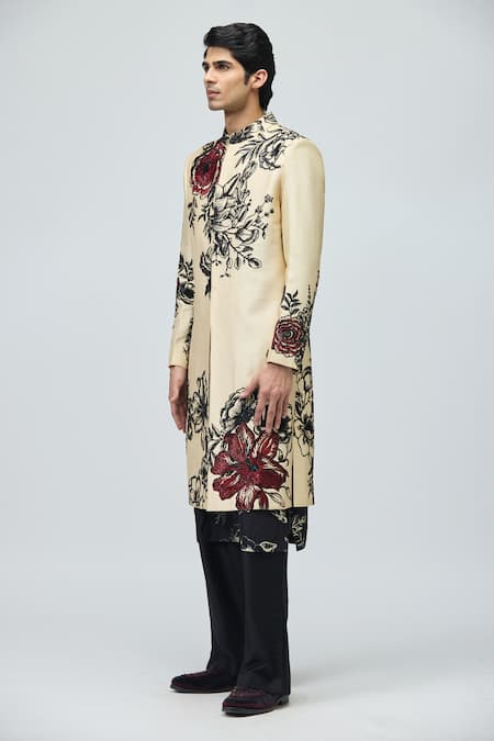 Buy_Varun Bahl_Beige Modal, Dupion Embroidery, Sequins Floral Pattern Sherwani Set _Online_at_Aza_Fashions