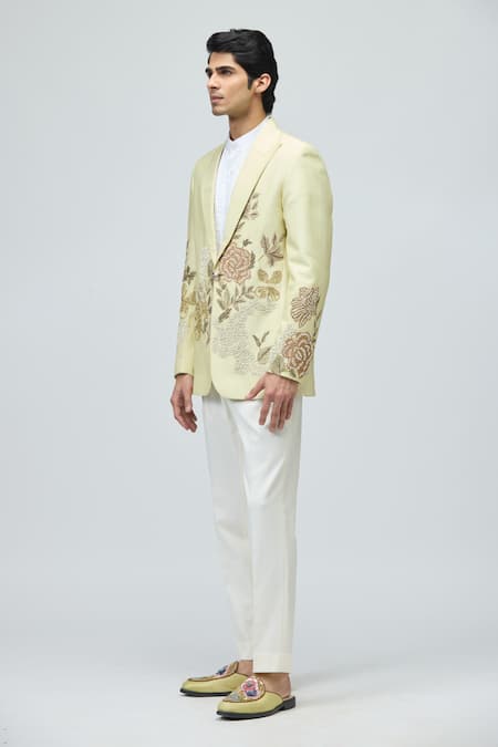 Varun Bahl_Yellow Suiting Embroidery Jacket And Pant Set _Online_at_Aza_Fashions
