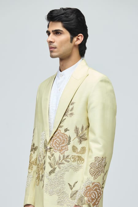 Shop_Varun Bahl_Yellow Suiting Embroidery Jacket And Pant Set _Online_at_Aza_Fashions