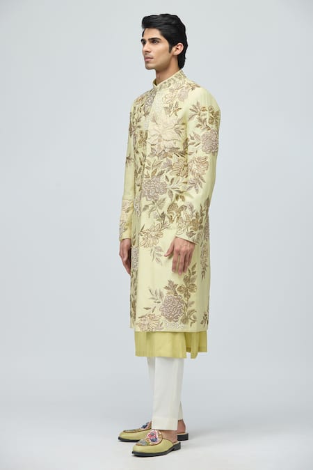 Varun Bahl_Green Modal, Dupion Embroidery, Zari Sherwani Set _Online_at_Aza_Fashions