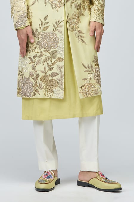 Buy_Varun Bahl_Green Modal, Dupion Embroidery, Zari Sherwani Set _Online_at_Aza_Fashions