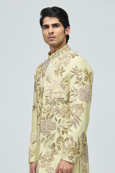 Shop_Varun Bahl_Green Modal, Dupion Embroidery, Zari Sherwani Set _Online_at_Aza_Fashions