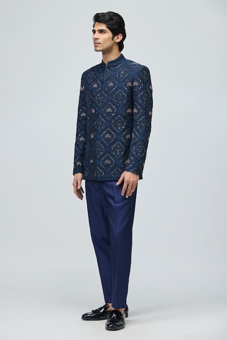 Varun Bahl Blue Modal, Dupion Embroidery, Sequins, Zari Bandhgala Jacket Online at Aza Fashions Varun Bahl_Blue Modal, Dupion Embroidery, Sequins, Zari Bandhgala Jacket _Online_at_Aza_Fashions