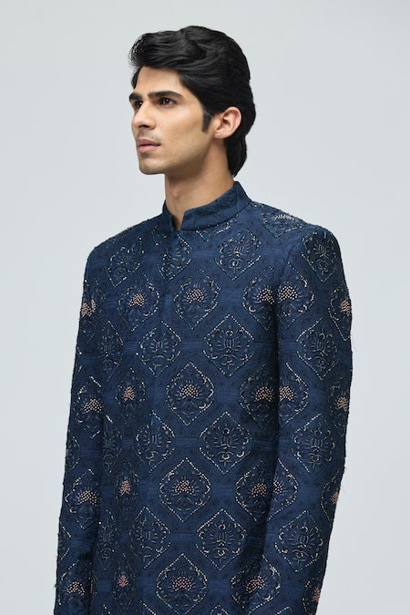 Buy Varun Bahl Blue Modal, Dupion Embroidery, Sequins, Zari Bandhgala Jacket Online at Aza Fashions Buy_Varun Bahl_Blue Modal, Dupion Embroidery, Sequins, Zari Bandhgala Jacket _Online_at_Aza_Fashions