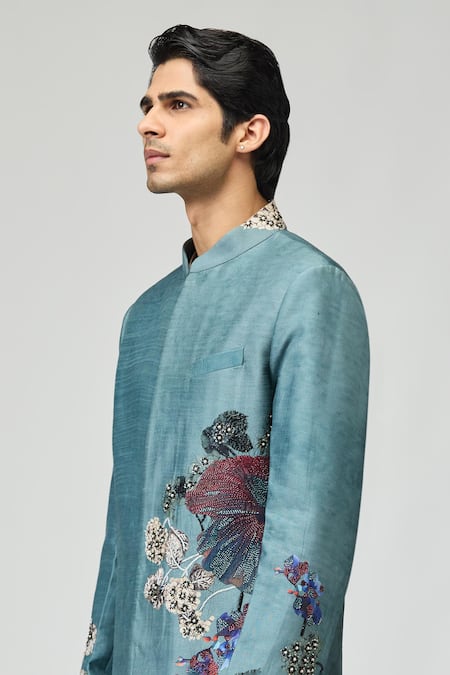 Varun Bahl Blue Modal, Dupion Beads, Stones Embroidered Sherwani Set Online at Aza Fashions Varun Bahl_Blue Modal, Dupion Beads, Stones Embroidered Sherwani Set _Online_at_Aza_Fashions