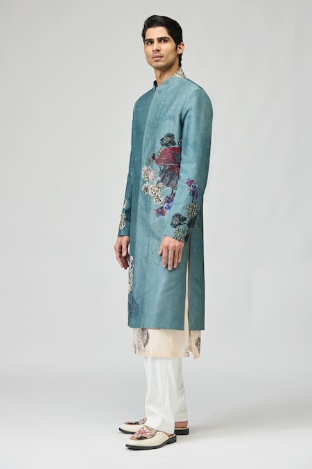 Buy Varun Bahl Blue Modal, Dupion Beads, Stones Embroidered Sherwani Set Online at Aza Fashions Buy_Varun Bahl_Blue Modal, Dupion Beads, Stones Embroidered Sherwani Set _Online_at_Aza_Fashions
