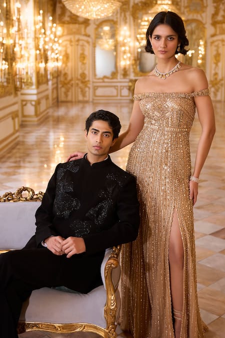 Buy_Seema Gujral_Gold Net Sequins, Crystals Off-shoulder And Embellished Gown _Online_at_Aza_Fashions