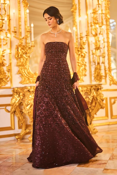 Buy_Seema Gujral_Wine Net Embroidery, Sequins, Crystals Bandeau Neck Embellished Gown _Online_at_Aza_Fashions
