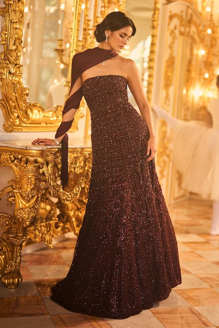 Shop_Seema Gujral_Wine Net Embroidery, Sequins, Crystals Bandeau Neck Embellished Gown _Online_at_Aza_Fashions