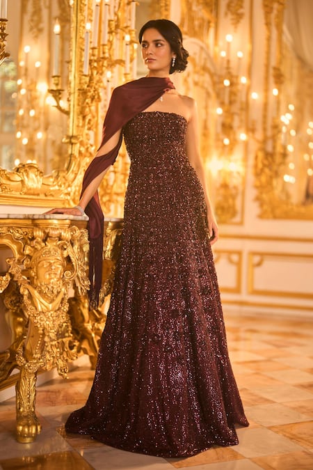 Buy_Seema Gujral_Wine Net Embroidery, Sequins, Crystals Bandeau Neck Embellished Gown 