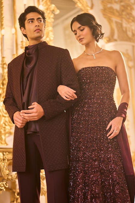 Shop_Seema Gujral_Wine Net Embroidery, Sequins, Crystals Bandeau Neck Embellished Gown 