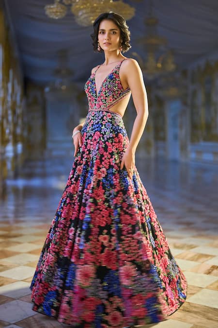 Buy_Seema Gujral_Black Net Sequins, Beads Plunge Neck Floral Embroidered Gown _Online_at_Aza_Fashions