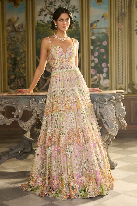 Seema Gujral Floral Thread Embroidered Gown 