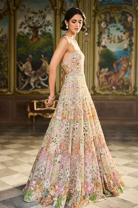Buy_Seema Gujral_Pink Net Embroidery, Sequins, Beads, Pearls Sweetheart Neck, Floral Thread Gown _Online_at_Aza_Fashions