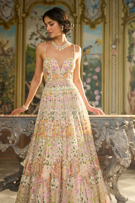 Buy_Seema Gujral_Pink Net Embroidery, Sequins, Beads, Pearls Sweetheart Neck, Floral Thread Gown 