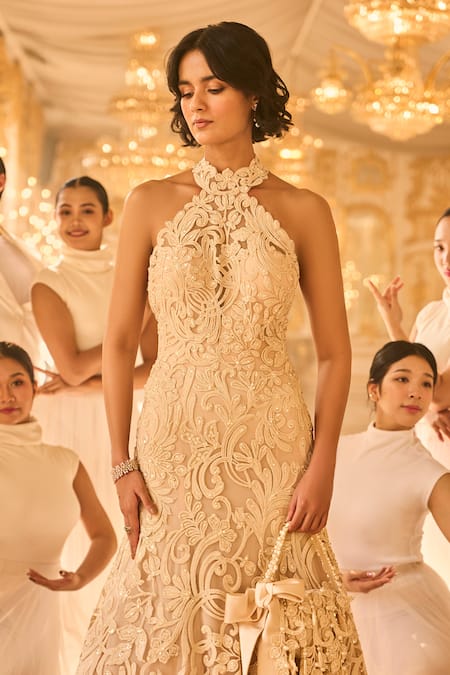 Buy_Seema Gujral_Beige Net Embroidery, Sequins, Pearls Halter Neck Abstract Gown _Online_at_Aza_Fashions