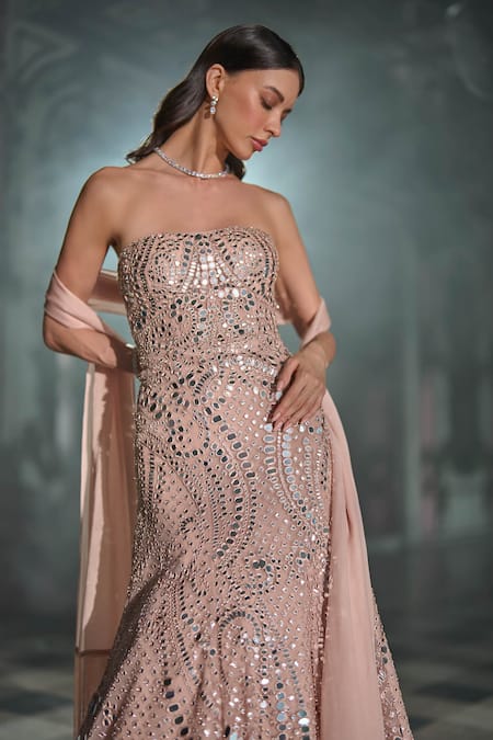 Seema Gujral_Rose Gold Net Embroidery, Mirrors Bandeau Neck Work Gown _Online_at_Aza_Fashions