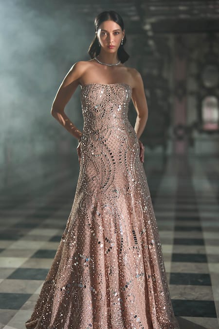 Buy_Seema Gujral_Rose Gold Net Embroidery, Mirrors Bandeau Neck Work Gown _Online_at_Aza_Fashions