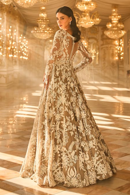 Shop_Seema Gujral_Grey Net Embroidery, Sequins, Pearls, Tassels Sweetheart Neck Floral Gown _Online_at_Aza_Fashions