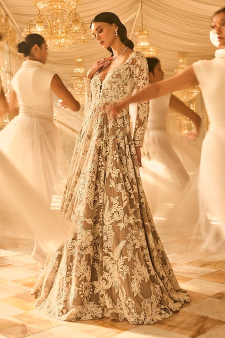 Seema Gujral_Grey Net Embroidery, Sequins, Pearls, Tassels Sweetheart Neck Floral Gown _at_Aza_Fashions
