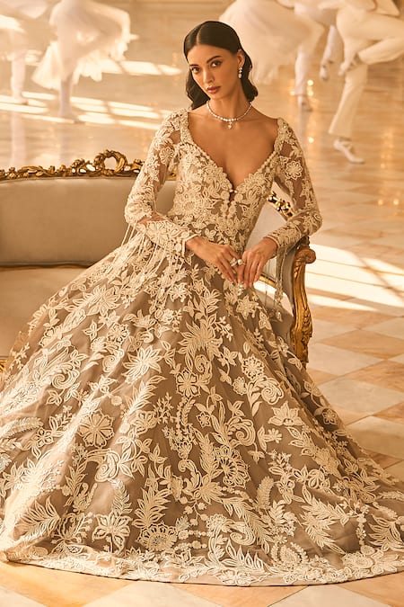 Buy_Seema Gujral_Grey Net Embroidery, Sequins, Pearls, Tassels Sweetheart Neck Floral Gown 