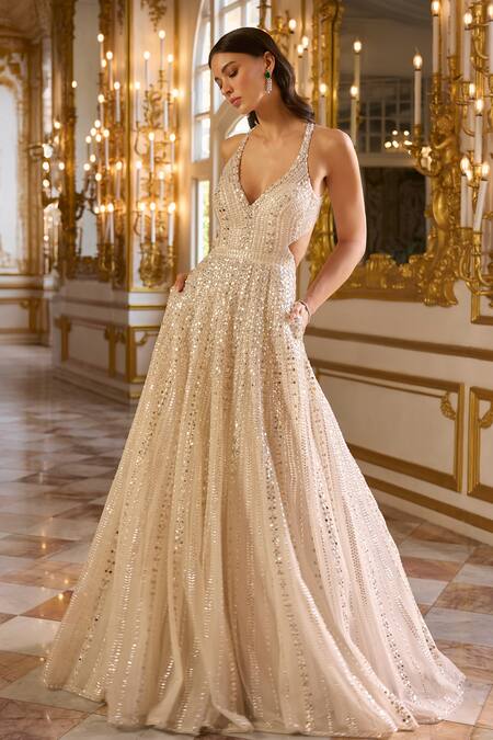 Buy_Seema Gujral_Ivory Net Sequins Plunge Neck Embellished Gown _Online_at_Aza_Fashions