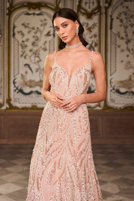 Buy_Seema Gujral_Rose Gold Net Sequins, Pearls Plunge Neck And Embroidered Gown _Online_at_Aza_Fashions