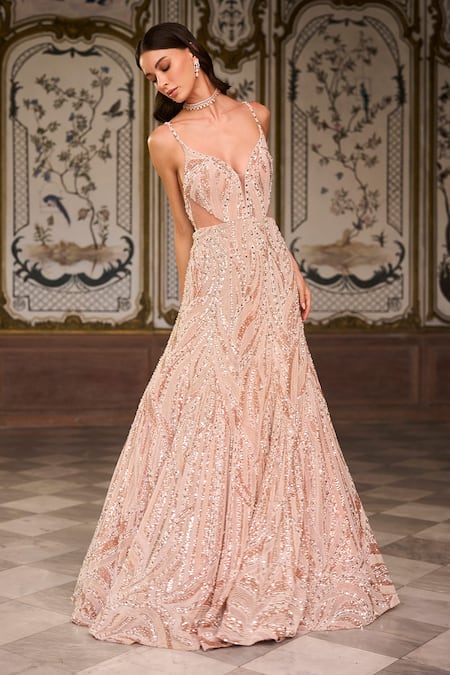 Shop_Seema Gujral_Rose Gold Net Sequins, Pearls Plunge Neck And Embroidered Gown _Online_at_Aza_Fashions